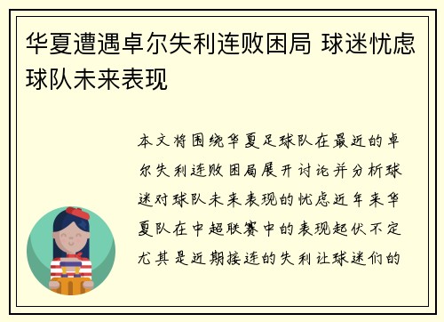 华夏遭遇卓尔失利连败困局 球迷忧虑球队未来表现