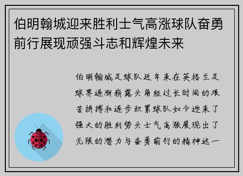 伯明翰城迎来胜利士气高涨球队奋勇前行展现顽强斗志和辉煌未来