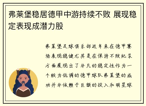 弗莱堡稳居德甲中游持续不败 展现稳定表现成潜力股