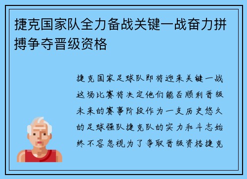 捷克国家队全力备战关键一战奋力拼搏争夺晋级资格