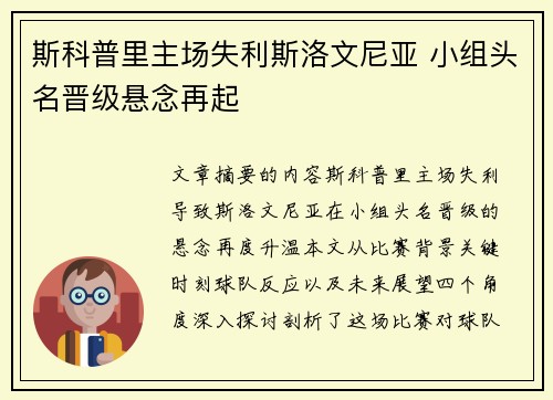 斯科普里主场失利斯洛文尼亚 小组头名晋级悬念再起