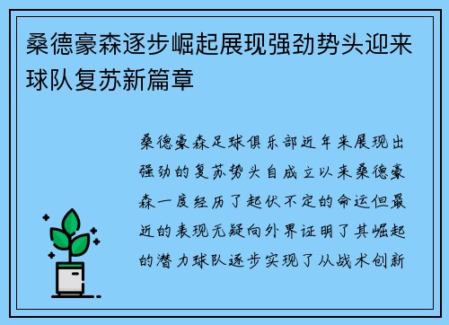 桑德豪森逐步崛起展现强劲势头迎来球队复苏新篇章