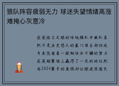 狼队阵容疲弱无力 球迷失望情绪高涨难掩心灰意冷