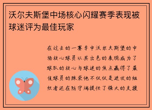 沃尔夫斯堡中场核心闪耀赛季表现被球迷评为最佳玩家