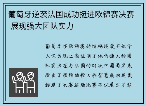 葡萄牙逆袭法国成功挺进欧锦赛决赛 展现强大团队实力