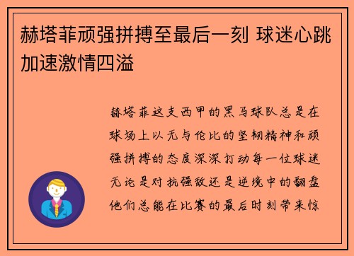 赫塔菲顽强拼搏至最后一刻 球迷心跳加速激情四溢