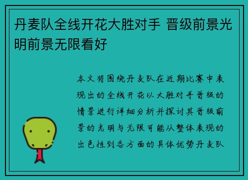 丹麦队全线开花大胜对手 晋级前景光明前景无限看好